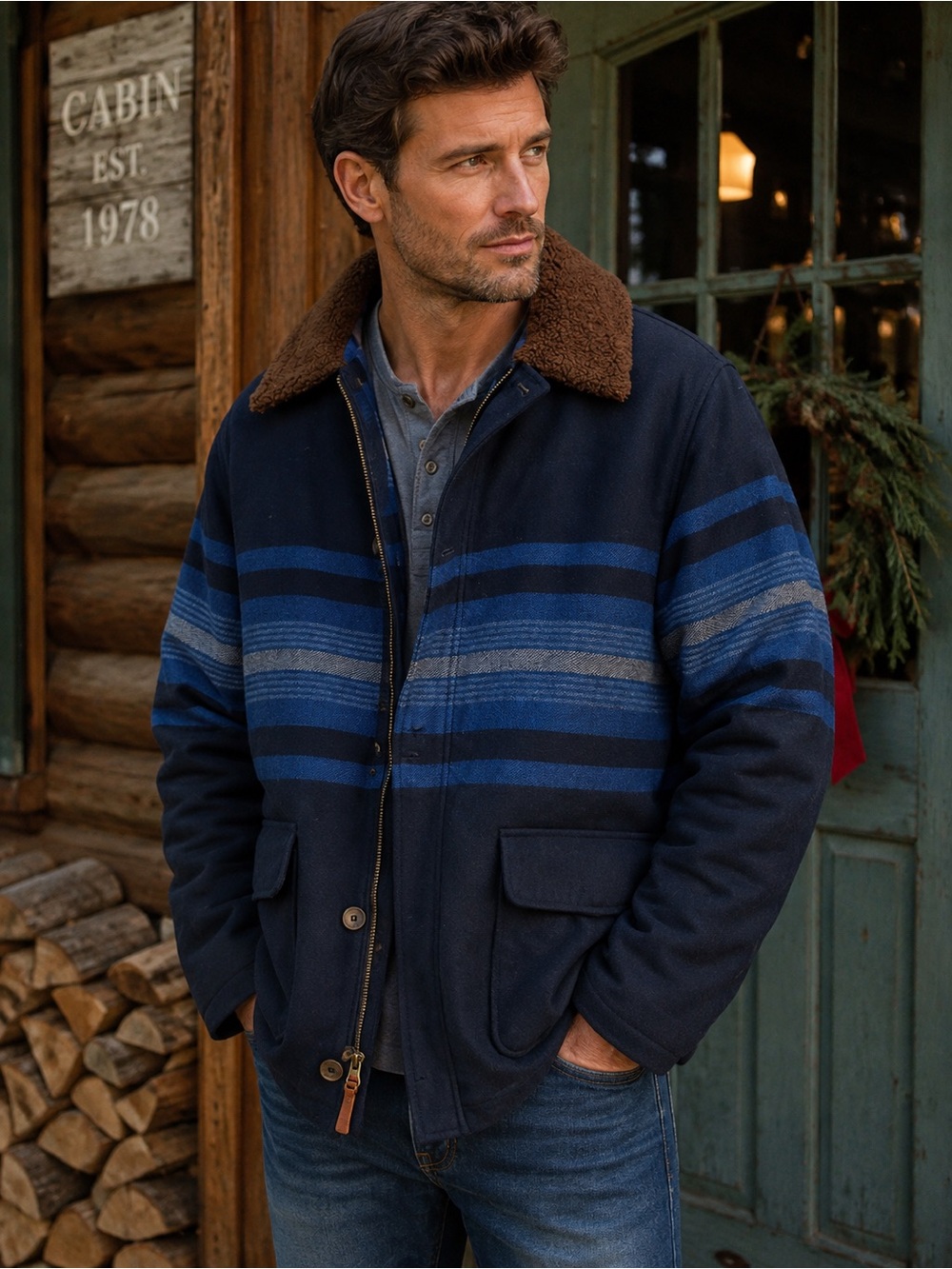 Lands' End Men's Wool Barn Coat Jacket Navy Striped Quilted Lined Large Tall